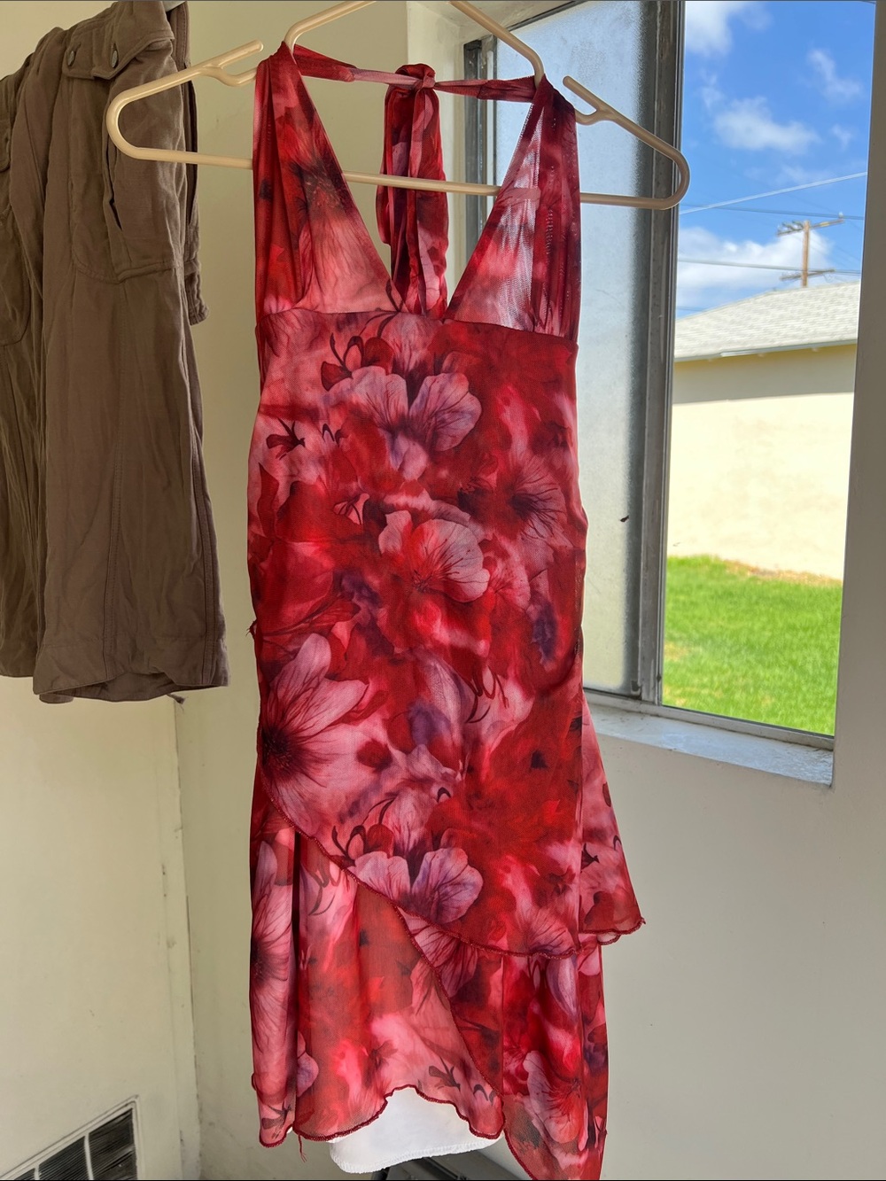 Red Floral Halter Tie-Back Dress